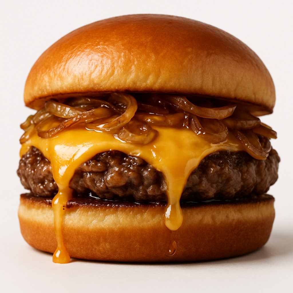 Hickory bean veggie burger with melted cheese and fried onions