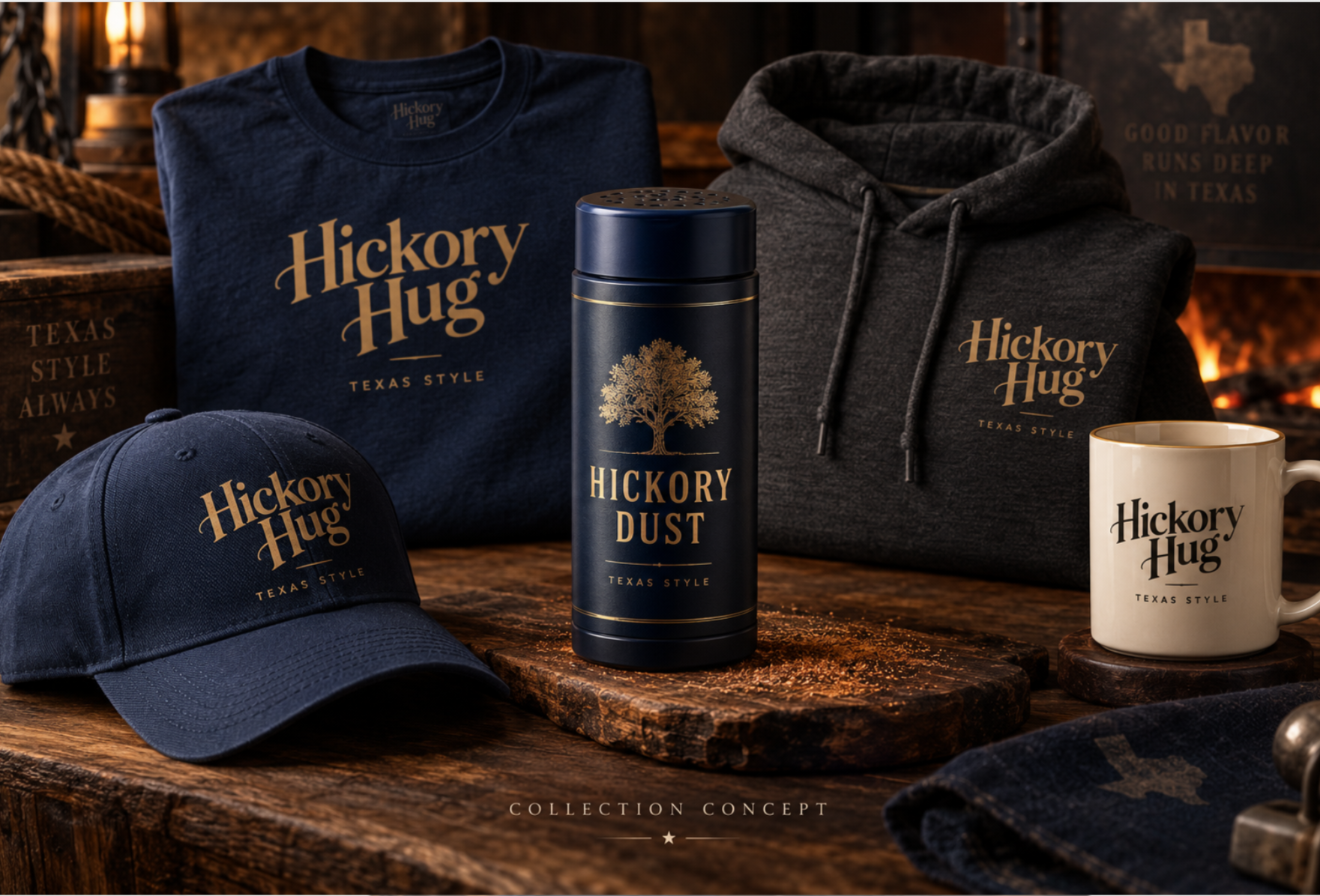 Hickory Hug Collection with navy shirt, hoodie, cap, mug and Hickory Dust.