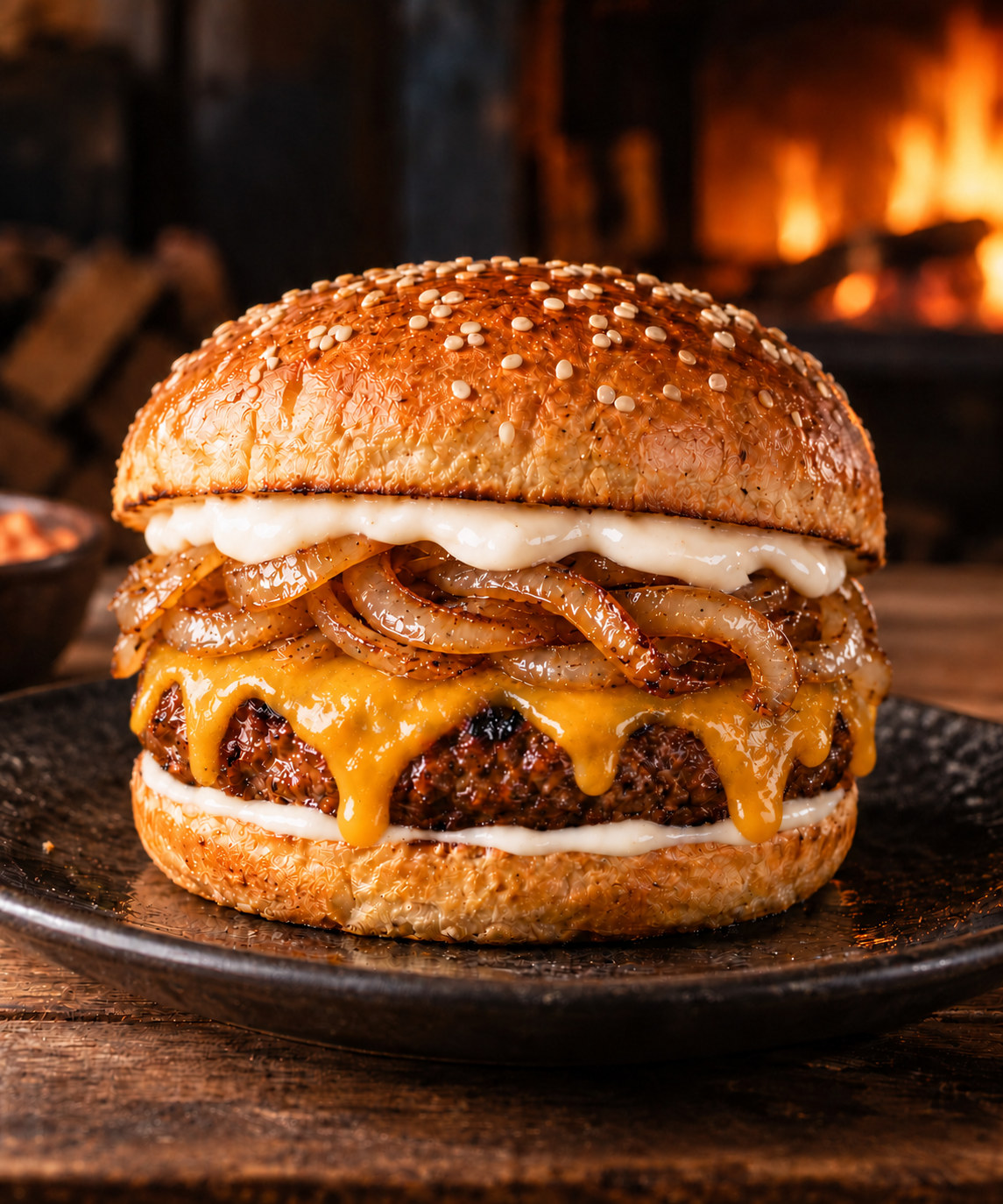 Burger concept with melted cheese, fried onions and generous mayonnaise