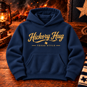 Concept mockup of a kids’ muted navy Hickory Hug hoodie with a flat gold printed design